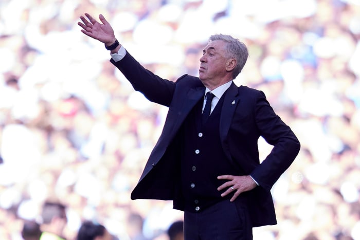 Real Madrid manager Carlo Ancelotti pictured during his team's 3-1 win over Espanyol in March 2023